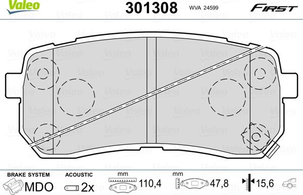 Valeo 301308 - Тормозные колодки, дисковые, комплект unicars.by