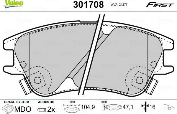 Valeo 301708 - Тормозные колодки, дисковые, комплект unicars.by