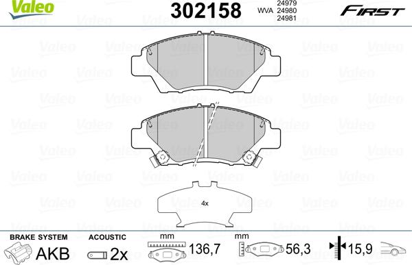 Valeo 302158 - Тормозные колодки, дисковые, комплект unicars.by