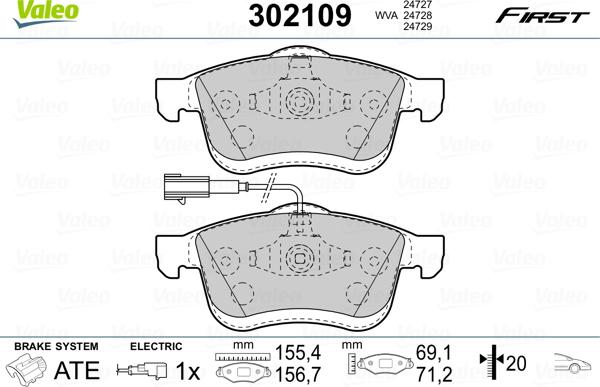 Valeo 302109 - Тормозные колодки, дисковые, комплект unicars.by