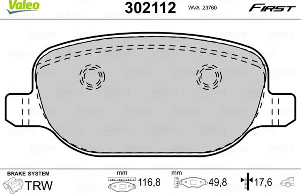 Valeo 302112 - Тормозные колодки, дисковые, комплект unicars.by