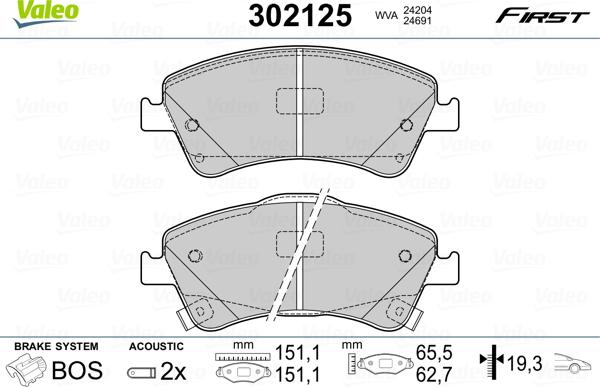 Valeo 302125 - Тормозные колодки, дисковые, комплект unicars.by