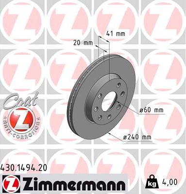 Zimmermann 430.1494.20 - Тормозной диск unicars.by