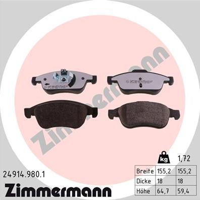 Zimmermann 24914.980.1 - Тормозные колодки, дисковые, комплект unicars.by