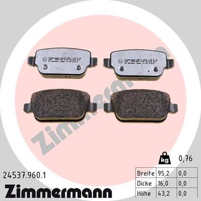 Zimmermann 24537.960.1 - Тормозные колодки, дисковые, комплект unicars.by