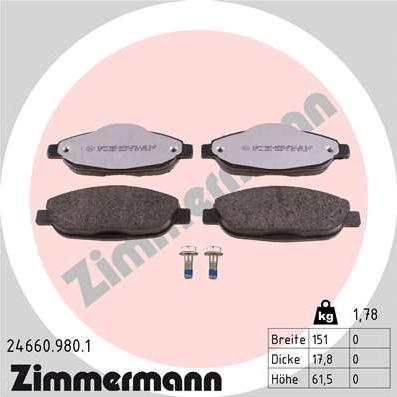 Zimmermann 24660.980.1 - Тормозные колодки, дисковые, комплект unicars.by