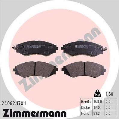 Zimmermann 24062.170.1 - Тормозные колодки, дисковые, комплект unicars.by