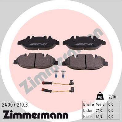 Zimmermann 24007.210.3 - Тормозные колодки, дисковые, комплект unicars.by