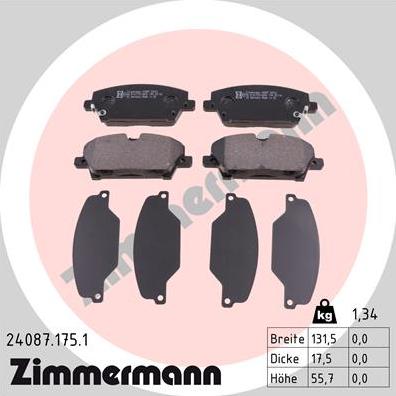 Zimmermann 24087.175.1 - Тормозные колодки, дисковые, комплект unicars.by