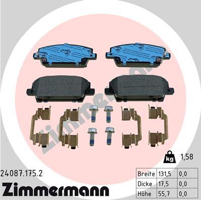 Zimmermann 24087.175.2 - Тормозные колодки, дисковые, комплект unicars.by