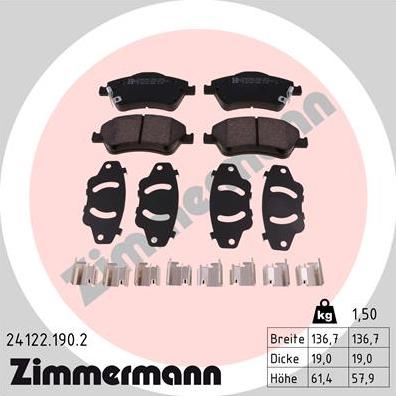 Zimmermann 24122.190.2 - Тормозные колодки, дисковые, комплект unicars.by