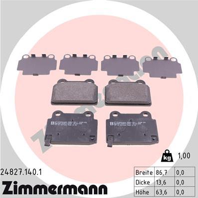 Zimmermann 24827.140.1 - Тормозные колодки, дисковые, комплект unicars.by