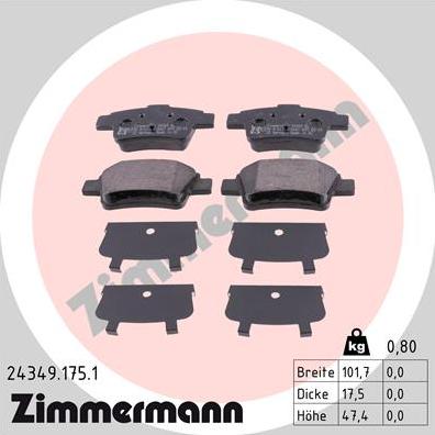 Zimmermann 24349.175.1 - Тормозные колодки, дисковые, комплект unicars.by