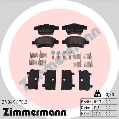 Zimmermann 24349.175.2 - Тормозные колодки, дисковые, комплект unicars.by