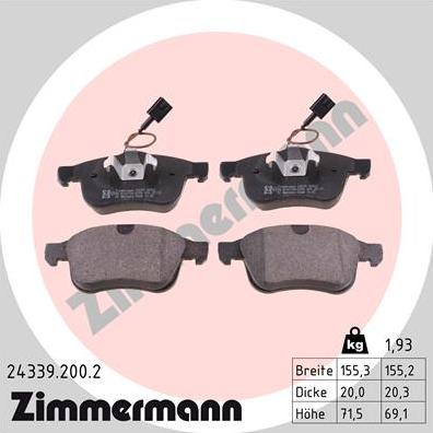 Zimmermann 24339.200.2 - Тормозные колодки, дисковые, комплект unicars.by