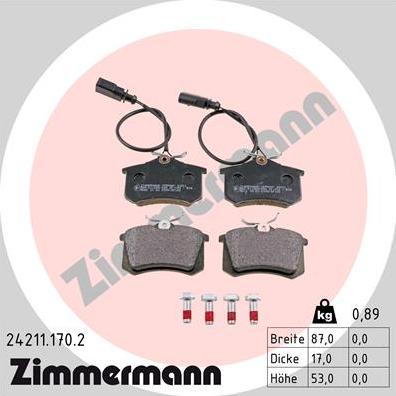 Zimmermann 24211.170.2 - Тормозные колодки, дисковые, комплект unicars.by