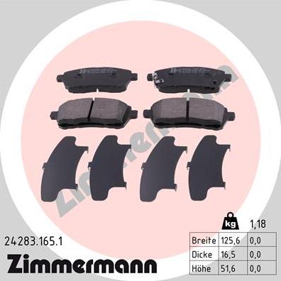 Zimmermann 24283.165.1 - Тормозные колодки, дисковые, комплект unicars.by