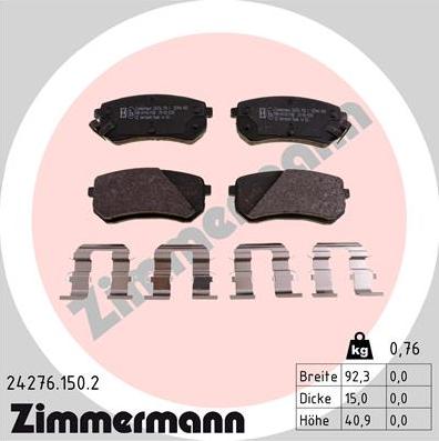 Zimmermann 24276.150.2 - Тормозные колодки, дисковые, комплект unicars.by