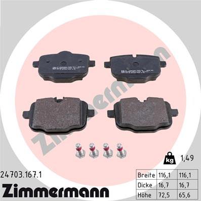 Zimmermann 24703.167.1 - Тормозные колодки, дисковые, комплект unicars.by