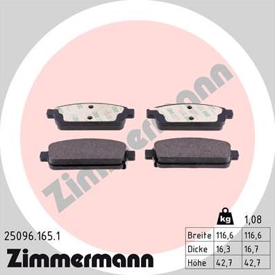 Zimmermann 25096.165.1 - Тормозные колодки, дисковые, комплект unicars.by