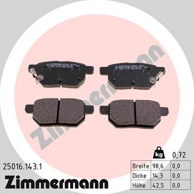 Zimmermann 25016.143.1 - Тормозные колодки, дисковые, комплект unicars.by