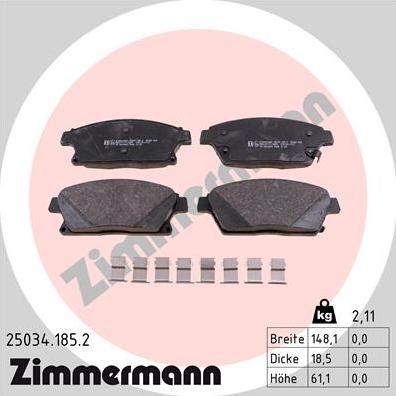 Zimmermann 25034.185.2 - Тормозные колодки, дисковые, комплект unicars.by