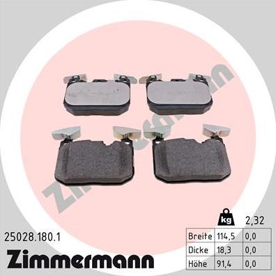 Zimmermann 25028.180.1 - Тормозные колодки, дисковые, комплект unicars.by