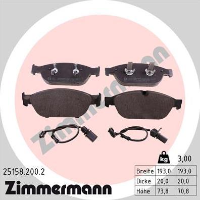 Zimmermann 25158.200.2 - Тормозные колодки, дисковые, комплект unicars.by