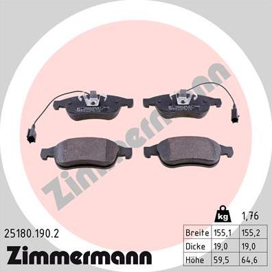 Zimmermann 25180.190.2 - Тормозные колодки, дисковые, комплект unicars.by