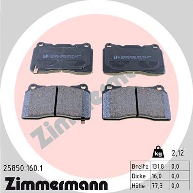 Zimmermann 25850.160.1 - Тормозные колодки, дисковые, комплект unicars.by