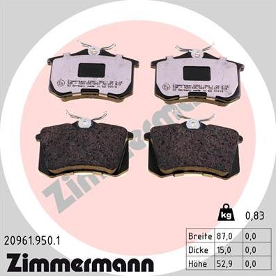 Zimmermann 20961.950.1 - Тормозные колодки, дисковые, комплект unicars.by