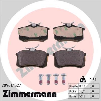 Zimmermann 20961.152.1 - Тормозные колодки, дисковые, комплект unicars.by