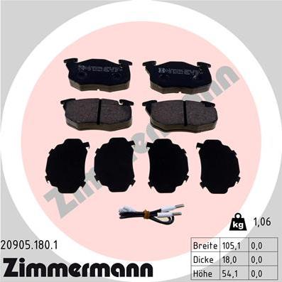 Zimmermann 20905.180.1 - Тормозные колодки, дисковые, комплект unicars.by