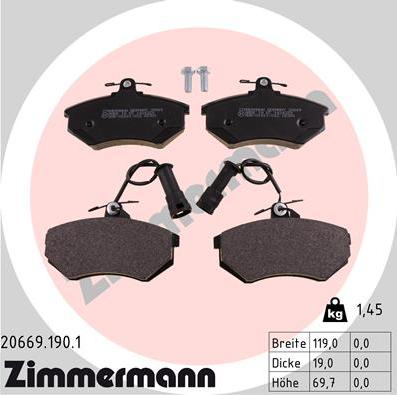 Zimmermann 20669.190.1 - Тормозные колодки, дисковые, комплект unicars.by