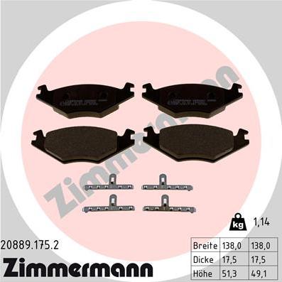 Zimmermann 20889.175.2 - Тормозные колодки, дисковые, комплект unicars.by