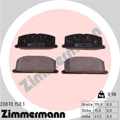 Zimmermann 20870.150.1 - Тормозные колодки, дисковые, комплект unicars.by