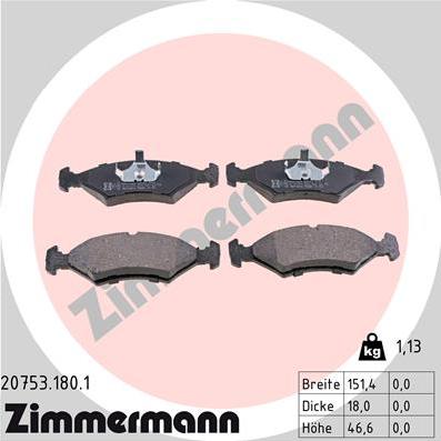 Zimmermann 20753.180.1 - Тормозные колодки, дисковые, комплект unicars.by