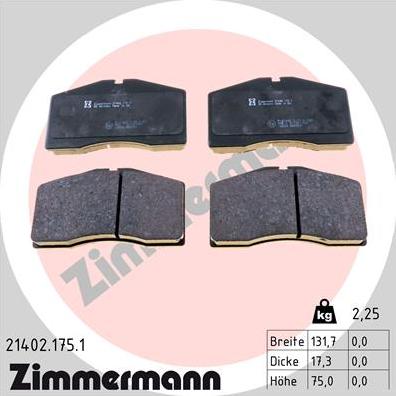 Zimmermann 21402.175.1 - Тормозные колодки, дисковые, комплект unicars.by