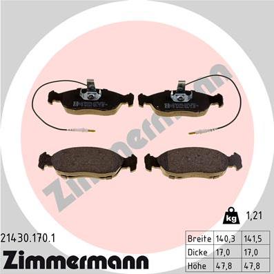 Zimmermann 21430.170.1 - Тормозные колодки, дисковые, комплект unicars.by