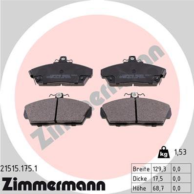 Zimmermann 21515.175.1 - Тормозные колодки, дисковые, комплект unicars.by