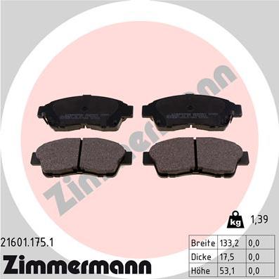 Zimmermann 21601.175.1 - Тормозные колодки, дисковые, комплект unicars.by