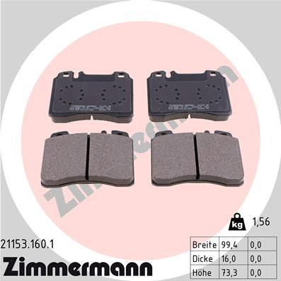 Zimmermann 21153.160.1 - Тормозные колодки, дисковые, комплект unicars.by