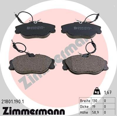 Zimmermann 21801.190.1 - Тормозные колодки, дисковые, комплект unicars.by