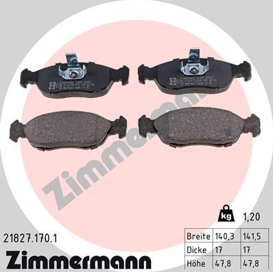 Zimmermann 21827.170.1 - Тормозные колодки, дисковые, комплект unicars.by