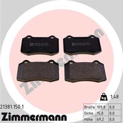 Zimmermann 21381.150.1 - Тормозные колодки, дисковые, комплект unicars.by