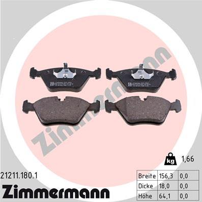 Zimmermann 21211.180.1 - Тормозные колодки, дисковые, комплект unicars.by