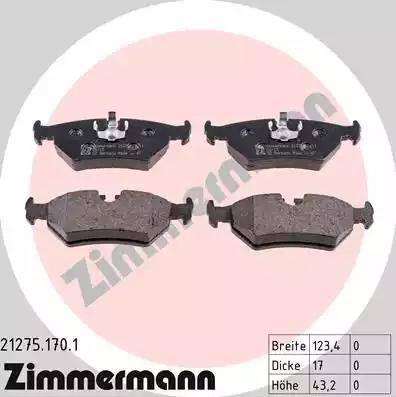 Zimmermann 21275.170.1 - Тормозные колодки, дисковые, комплект unicars.by