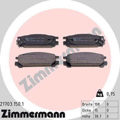 Zimmermann 21703.150.1 - Тормозные колодки, дисковые, комплект unicars.by