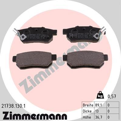 Zimmermann 21738.130.1 - Тормозные колодки, дисковые, комплект unicars.by