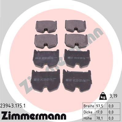 Zimmermann 23943.175.1 - Тормозные колодки, дисковые, комплект unicars.by